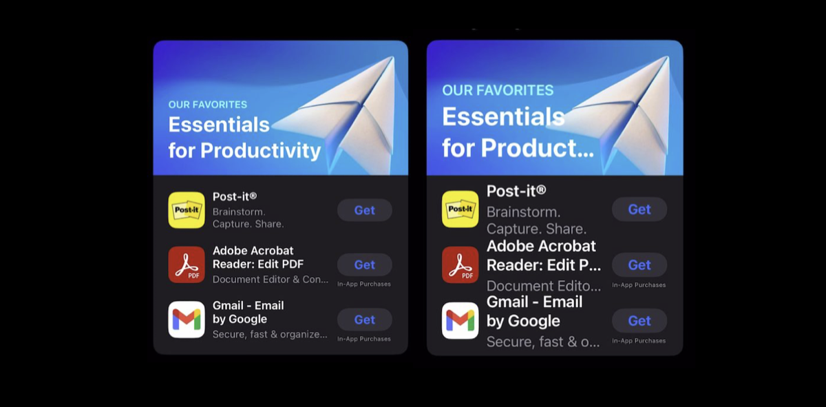 An App Store card at default and large text; at large text the titles truncate