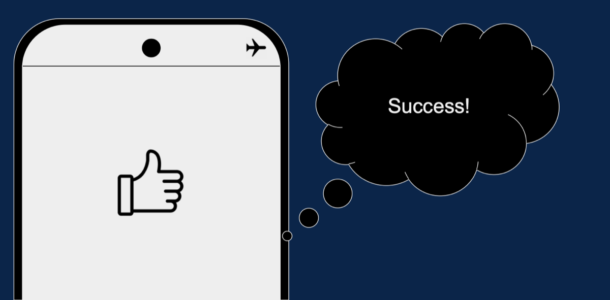 A thumbs-up on screen and a thought cloud saying Success